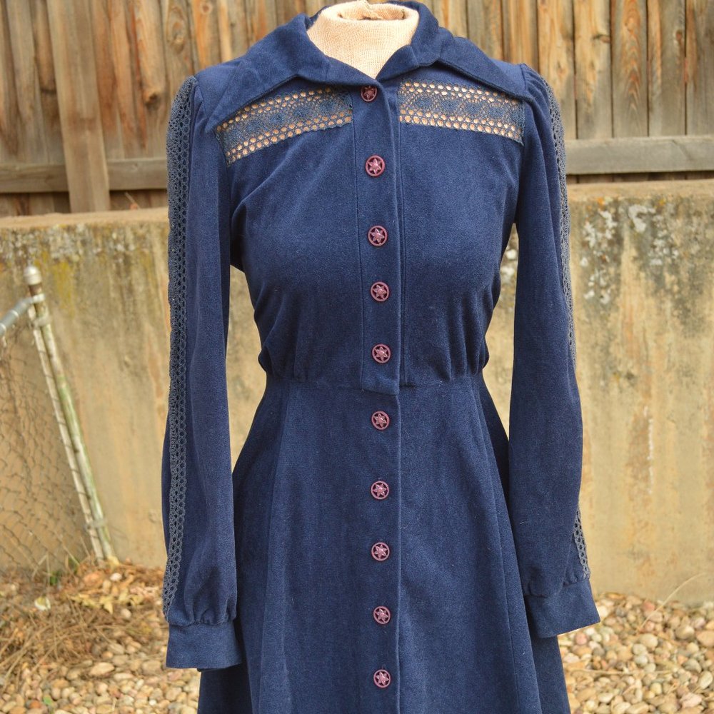 Vintage 1960s Velour Button up Dress w/ Crochet
